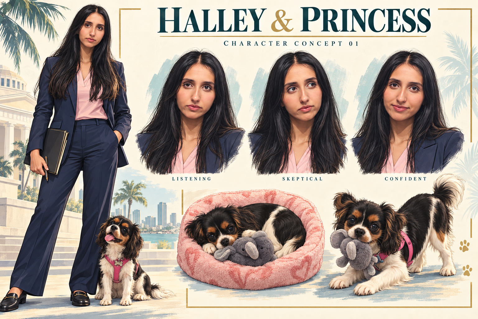 Illustrated Halley Palleti with long dark hair, a navy suit and a pink blouse